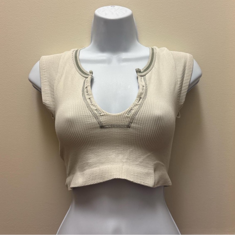 Urban outfitters Cream knit crop top with green trim